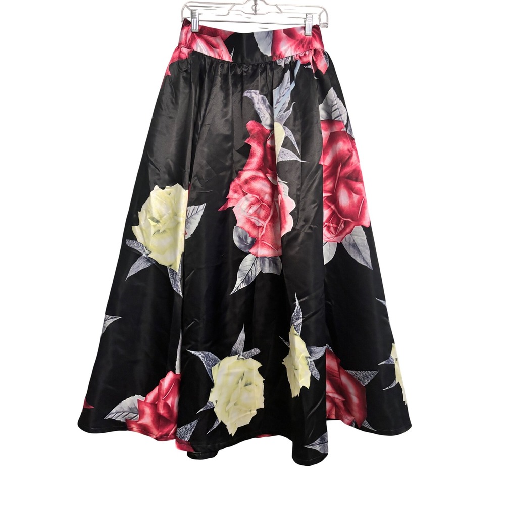 Nancy Yang Black Satin Floral Maxi Skirt – Rose Print, Size L